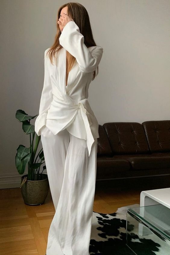 silk wrap top with flare pants