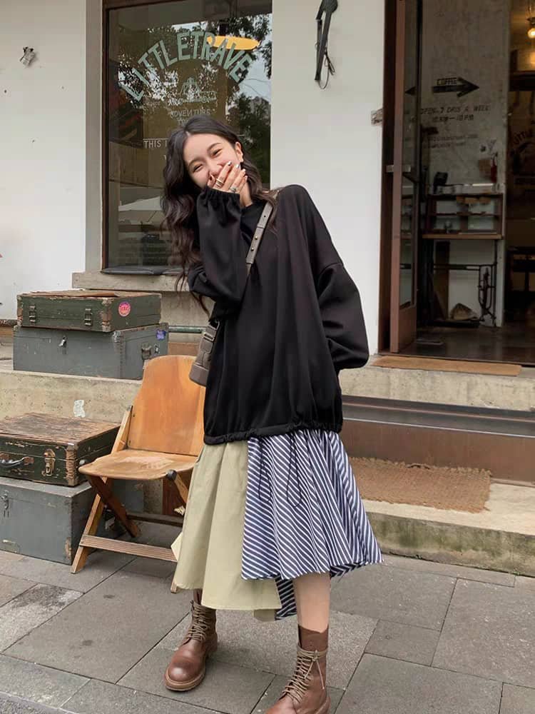 sweatshirt with striped skirt