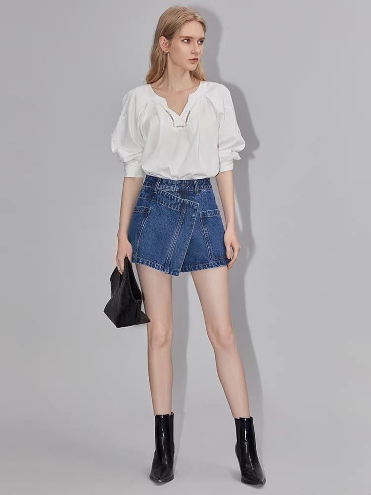 white top with short denim skirt