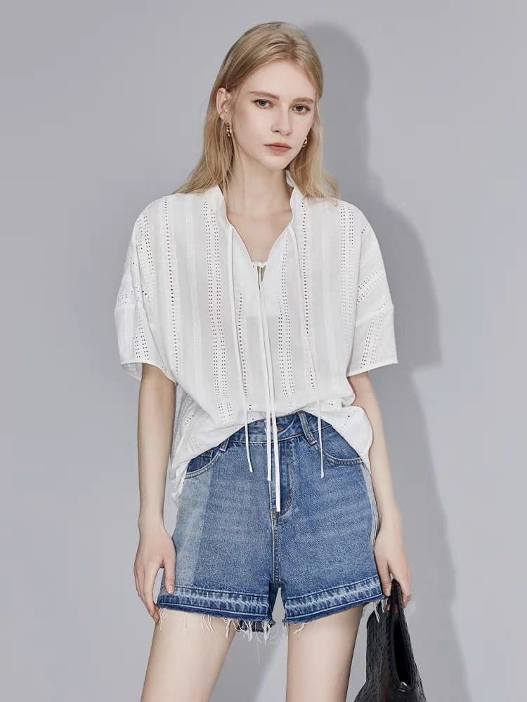 top with short denim pants